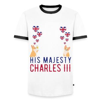 British King Coronation Charles England Flag - Men's Ringer Shirt - white/black - Front - AI Model Female 172 light (172cm) & AI Model Male 178 dark (178cm)