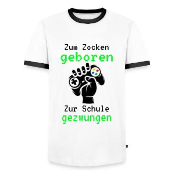 Gamer - Zum Zocken Geboren Zur Schule Gezwungen - Männer Kontrast-T-Shirt - Weiß/Schwarz - Vorne - AI Model Female 172 light (172cm) & AI Model Male 178 dark (178cm)