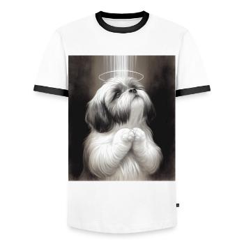 Saint Shih Tzu priant Dieu - T-shirt contrasté Homme - blanc/noir - Devant - AI Model Female 172 light (172cm) & AI Model Male 178 dark (178cm)