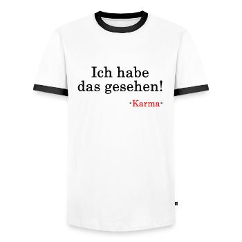 ICH HABE DAS GESEHEN - Karma & Jesus Spruch - Männer Kontrast-T-Shirt - Weiß/Schwarz - Vorne - AI Model Female 172 light (172cm) & AI Model Male 178 dark (178cm)