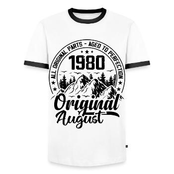 1980 August Original: 44 Years Anniversary Gift - Men's Ringer Shirt - white/black - Front - AI Model Female 172 light (172cm) & AI Model Male 178 dark (178cm)