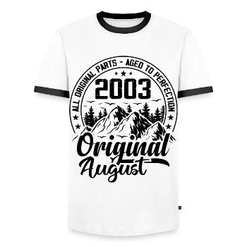 2003 August Original: 21 Year Old Birthday Gift - Men's Ringer Shirt - white/black - Front - AI Model Female 172 light (172cm) & AI Model Male 178 dark (178cm)