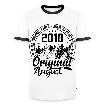 2018 August Original: 6 Year Anniversary Gift - Men's Ringer Shirt - white/black - Front - AI Model Female 172 light (172cm) & AI Model Male 178 dark (178cm)