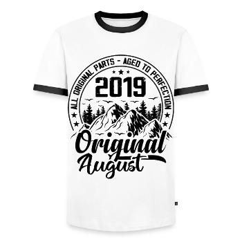 2019 August Original: 5 Year Anniversary Gift - Men's Ringer Shirt - white/black - Front - AI Model Female 172 light (172cm) & AI Model Male 178 dark (178cm)