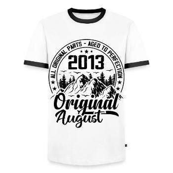 2013 August Original: 11 Year Anniversary Gift - Men's Ringer Shirt - white/black - Front - AI Model Female 172 light (172cm) & AI Model Male 178 dark (178cm)