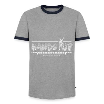 Les mains en l'air. - T-shirt contrasté Homme - gris/marine  - Devant - AI Model Female 172 light (172cm) & AI Model Male 178 light (178cm)