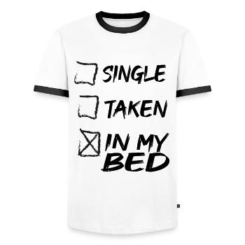In my bed - Men's Ringer Shirt - white/black - Front - AI Model Female 172 light (172cm) & AI Model Male 178 dark (178cm)