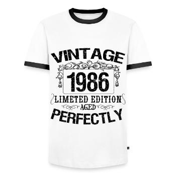 1986 Vintage | Limitierte Auflage 1986 perfekt gealtert - Männer Kontrast-T-Shirt - Weiß/Schwarz - Vorne - AI Model Female 172 light (172cm) & AI Model Male 178 dark (178cm)