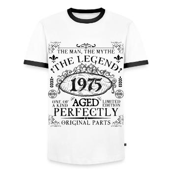 1975 | Die Legende seit 1975 Geburtstag - Männer Kontrast-T-Shirt - Weiß/Schwarz - Vorne - AI Model Female 172 light (172cm) & AI Model Male 178 dark (178cm)