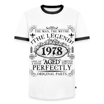 1978 | The Legend since 1978 birthday - Men's Ringer Shirt - white/black - Front - AI Model Female 172 light (172cm) & AI Model Male 178 dark (178cm)