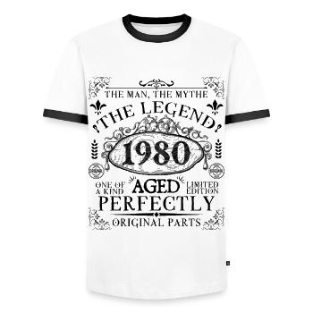 1980 | Die Legende seit 1980 Geburtstag - Männer Kontrast-T-Shirt - Weiß/Schwarz - Vorne - AI Model Female 172 light (172cm) & AI Model Male 178 dark (178cm)