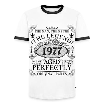 1977 | The Legend since 1977 birthday - Men's Ringer Shirt - white/black - Front - AI Model Female 172 light (172cm) & AI Model Male 178 dark (178cm)