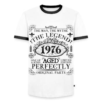 1976| Die Legende seit 1976 Geburtstag - Männer Kontrast-T-Shirt - Weiß/Schwarz - Vorne - AI Model Female 172 light (172cm) & AI Model Male 178 dark (178cm)
