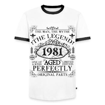 1981 | Die Legende seit 1981 Geburtstag - Männer Kontrast-T-Shirt - Weiß/Schwarz - Vorne - AI Model Female 172 light (172cm) & AI Model Male 178 dark (178cm)