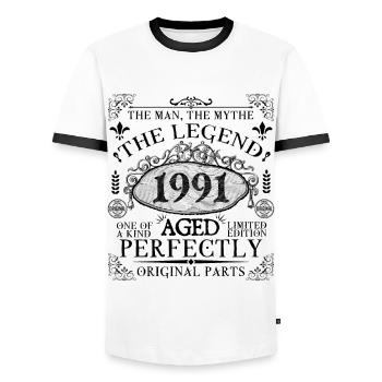 1991 | Die Legende seit 1991 Geburtstag - Männer Kontrast-T-Shirt - Weiß/Schwarz - Vorne - AI Model Female 172 light (172cm) & AI Model Male 178 dark (178cm)