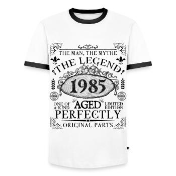 1985 | Die Legende seit 1985 Geburtstag - Männer Kontrast-T-Shirt - Weiß/Schwarz - Vorne - AI Model Female 172 light (172cm) & AI Model Male 178 dark (178cm)