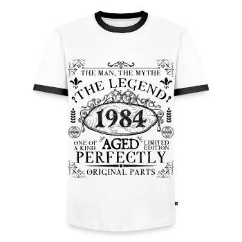 1984 | The Legend since 1984 birthday - Men's Ringer Shirt - white/black - Front - AI Model Female 172 light (172cm) & AI Model Male 178 dark (178cm)