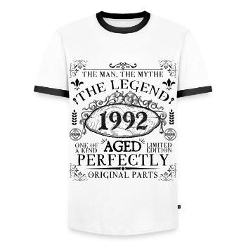1992 | The Legend since 1992 birthday - Men's Ringer Shirt - white/black - Front - AI Model Female 172 light (172cm) & AI Model Male 178 dark (178cm)
