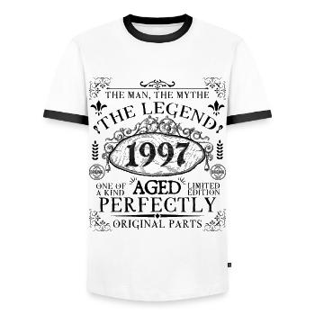 1997 | Die Legende seit 1997 Geburtstag - Männer Kontrast-T-Shirt - Weiß/Schwarz - Vorne - AI Model Female 172 light (172cm) & AI Model Male 178 dark (178cm)