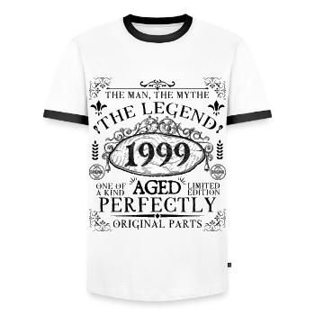 1999 | The Legend since 1999 birthday - Men's Ringer Shirt - white/black - Front - AI Model Female 172 light (172cm) & AI Model Male 178 dark (178cm)