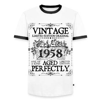 1958| Vintage Aged Perfectly since 1958 birthday - Men's Ringer Shirt - white/black - Front - AI Model Female 172 light (172cm) & AI Model Male 178 dark (178cm)