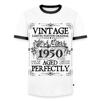 1950 | Vintage Aged Perfectly since 1950 birthday - Men's Ringer Shirt - white/black - Front - AI Model Female 172 light (172cm) & AI Model Male 178 dark (178cm)