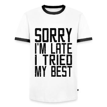 Sorry Im late I tried my best - Men's Ringer Shirt - white/black - Front - AI Model Female 172 light (172cm) & AI Model Male 178 dark (178cm)