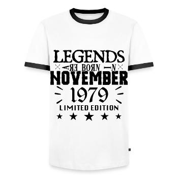 November 1979 | 1979 Legenden wurden im November geboren - Männer Kontrast-T-Shirt - Weiß/Schwarz - Vorne - AI Model Female 172 light (172cm) & AI Model Male 178 dark (178cm)
