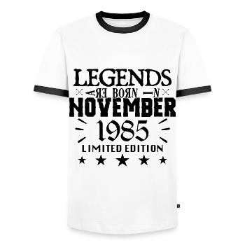 November 1985 | 1985 legends were born in November - Men's Ringer Shirt - white/black - Front - AI Model Female 172 light (172cm) & AI Model Male 178 dark (178cm)