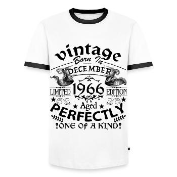 December 1966 | 1966 Vintage | born in December - T-shirt contrasté Homme - blanc/noir - Devant - AI Model Female 172 light (172cm) & AI Model Male 178 dark (178cm)