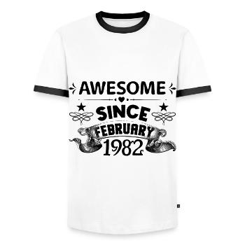 February 1982 | Awesome 1982 | born in February - Men's Ringer Shirt - white/black - Front - AI Model Female 172 light (172cm) & AI Model Male 178 dark (178cm)