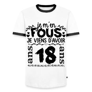 J’ai 18 ans | Je m'en fous j'ai 18 ans - T-shirt contrasté Homme - blanc/noir - Devant - AI Model Female 172 light (172cm) & AI Model Male 178 dark (178cm)