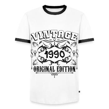 1990 | Vintage Aged Original 1990 Geburtstagsgeschenk - Männer Kontrast-T-Shirt - Weiß/Schwarz - Vorne - AI Model Female 172 light (172cm) & AI Model Male 178 dark (178cm)