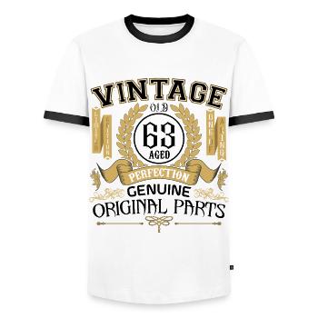 Jahrgang 63 Jahre alt - Geburtstagsgeschenk 63 Jahre !!! - Männer Kontrast-T-Shirt - Weiß/Schwarz - Vorne - AI Model Female 172 light (172cm) & AI Model Male 178 dark (178cm)