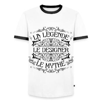 Designer | la légende Designer le mythe - T-shirt contrasté Homme - blanc/noir - Devant - AI Model Female 172 light (172cm) & AI Model Male 178 dark (178cm)