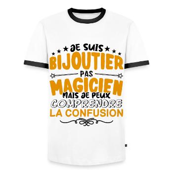 Bijoutier pas Magicien | le Meilleur Bijoutier ca - T-shirt contrasté Homme - blanc/noir - Devant - AI Model Female 172 light (172cm) & AI Model Male 178 dark (178cm)