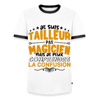 Tailleur pas Magicien | le Meilleur Tailleur cade - T-shirt contrasté Homme - blanc/noir - Devant - AI Model Female 172 light (172cm) & AI Model Male 178 dark (178cm)
