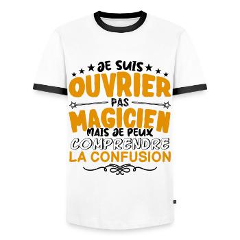 Ouvrier pas Magicien | le Meilleur Ouvrier cadeau - T-shirt contrasté Homme - blanc/noir - Devant - AI Model Female 172 light (172cm) & AI Model Male 178 dark (178cm)