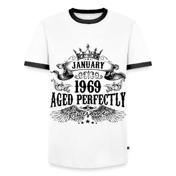 1969| Januar Aged Perfectly 1969 Geburtstagsgeschenk - Männer Kontrast-T-Shirt - Weiß/Schwarz - Vorne - AI Model Female 172 light (172cm) & AI Model Male 178 dark (178cm)