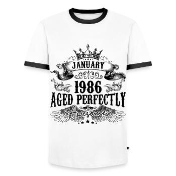 1986 | January Aged Perfectly 1986 birthday gift - Men's Ringer Shirt - white/black - Front - AI Model Female 172 light (172cm) & AI Model Male 178 dark (178cm)