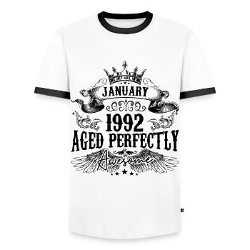 1992 | Januar Aged Perfectly 1992 Geburtstagsgeschenk - Männer Kontrast-T-Shirt - Weiß/Schwarz - Vorne - AI Model Female 172 light (172cm) & AI Model Male 178 dark (178cm)