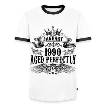 1990 | Januar Aged Perfectly 1990 Geburtstagsgeschenk - Männer Kontrast-T-Shirt - Weiß/Schwarz - Vorne - AI Model Female 172 light (172cm) & AI Model Male 178 dark (178cm)