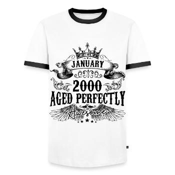 2000 | Januar Aged Perfectly 2000 Geburtstagsgeschenk - Männer Kontrast-T-Shirt - Weiß/Schwarz - Vorne - AI Model Female 172 light (172cm) & AI Model Male 178 dark (178cm)