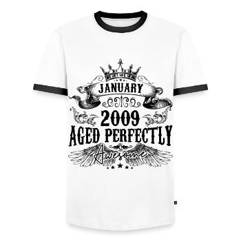 2009 | January 2009 birthday Aged Perfectly - Men's Ringer Shirt - white/black - Front - AI Model Female 172 light (172cm) & AI Model Male 178 dark (178cm)