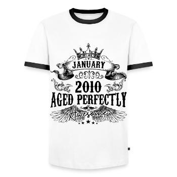 2010 | January Aged Perfectly 2010 birthday gift - Men's Ringer Shirt - white/black - Front - AI Model Female 172 light (172cm) & AI Model Male 178 dark (178cm)