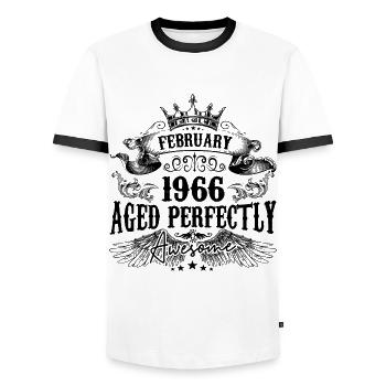 1966 | Februar Aged Perfectly 1966 Geburtstagsgeschenk - Männer Kontrast-T-Shirt - Weiß/Schwarz - Vorne - AI Model Female 172 light (172cm) & AI Model Male 178 dark (178cm)