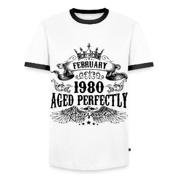 1980 | February Aged Perfectly 1980 birthday gift - Men's Ringer Shirt - white/black - Front - AI Model Female 172 light (172cm) & AI Model Male 178 dark (178cm)