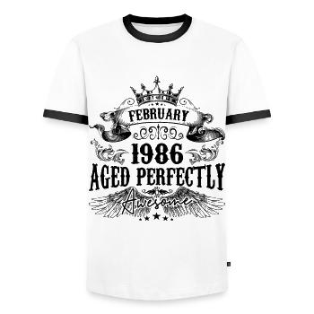 1986 | February Aged Perfectly 1986 birthday gift - Men's Ringer Shirt - white/black - Front - AI Model Female 172 light (172cm) & AI Model Male 178 dark (178cm)