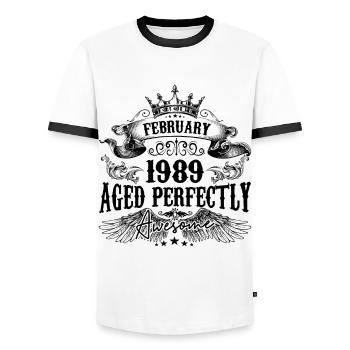 1989 | Februar Aged Perfectly 1989 Geburtstagsgeschenk - Männer Kontrast-T-Shirt - Weiß/Schwarz - Vorne - AI Model Female 172 light (172cm) & AI Model Male 178 dark (178cm)