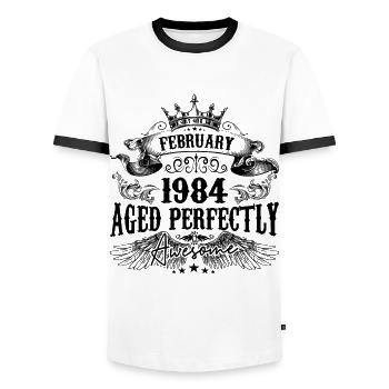 1984 | February Aged Perfectly 1984 birthday gift - T-shirt contrasté Homme - blanc/noir - Devant - AI Model Female 172 light (172cm) & AI Model Male 178 dark (178cm)